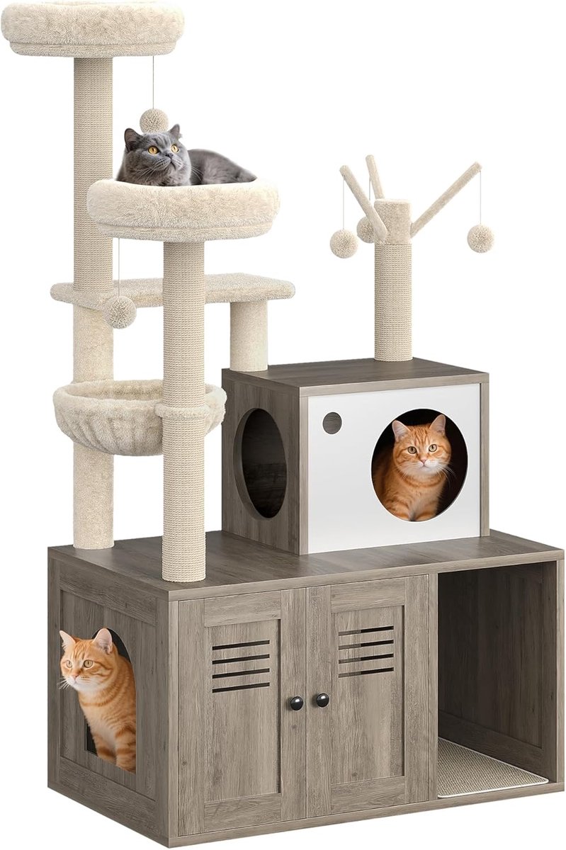 Moderne kattenboom met verborgen kattenbak meubel - 3‑in‑1 krabpaal met sisal palen, hangmat, hoge voerplek & opbergruimte - houtlook, ruimtebesparend - Grijs -80x48x140CM