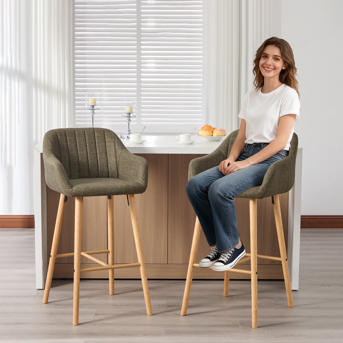STILVORA Barkruk 58,5 X 55 X 104 Cm - Hoge Rugleuning Met Armleuningen - Set Van 2 Voor Keuken En Bar - Linnen Groen Groente