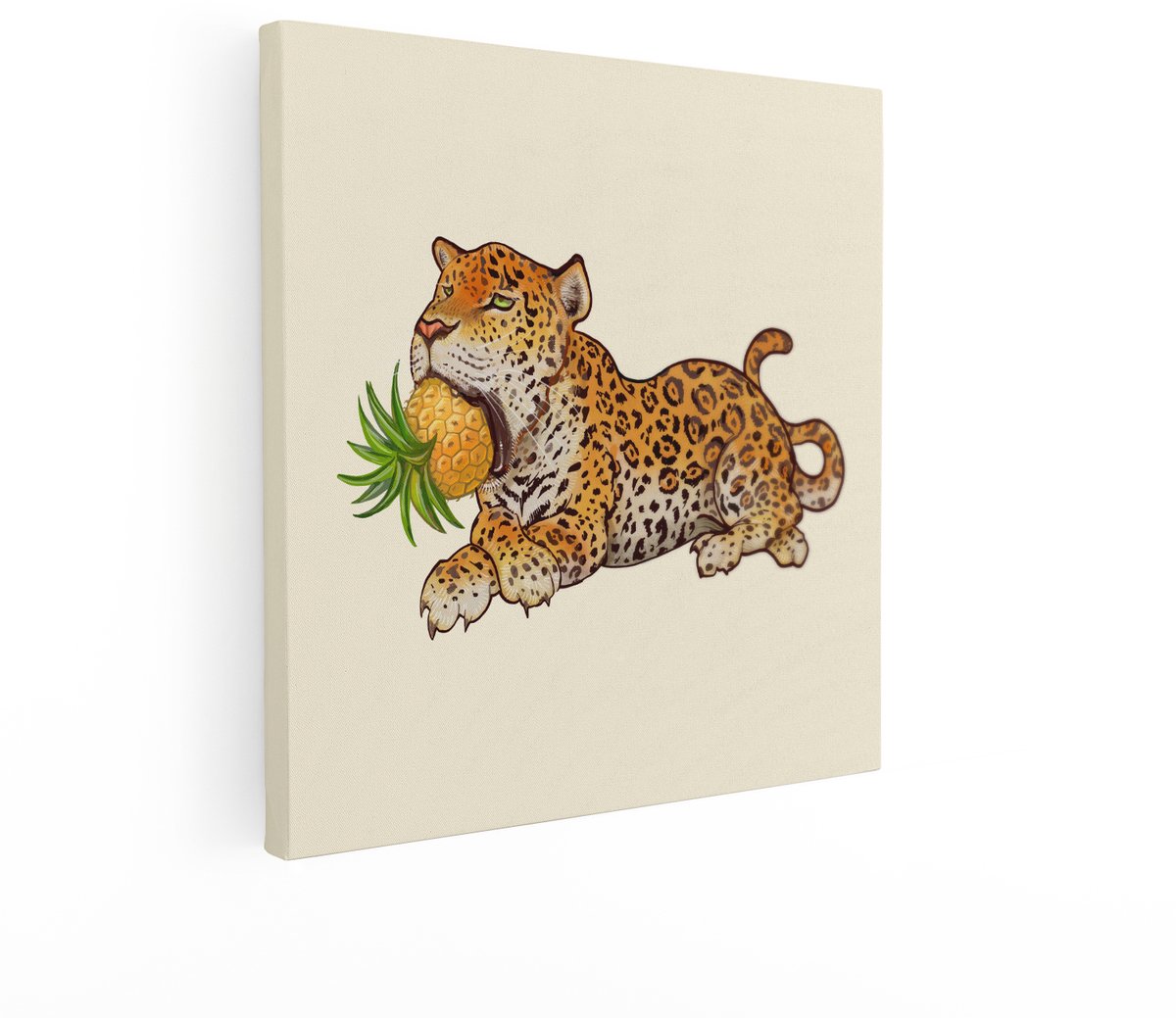 Artaza Canvas Schilderij Jaguar Met Ananas - 70x70 cm - Wanddecoratie Kinderkamer - Muurdecoratie Jongenskamer - Decoratie Dieren