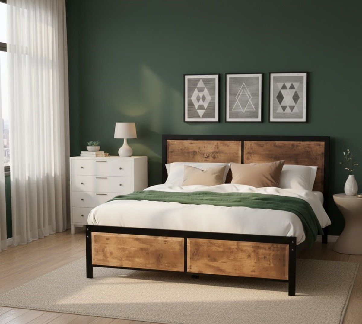 Modern Industrieel Tweepersoonsbed 140x200 cm – Metaal en Hout Bedframe met Lattenbodem en Extra Opbergruimte – Geluidsvrij & Ruimtebesparend – Bruin | Furniture Land