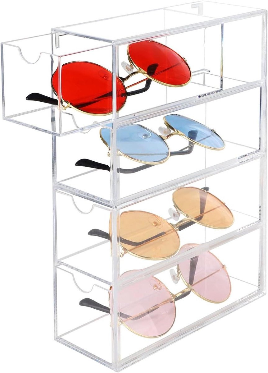 Opbergdoos met 4 laden voor zonnebrillen en accessoires - Acryl organizer voor brillen, horloges, sieraden - Horizontaal/verticaal te gebruiken.