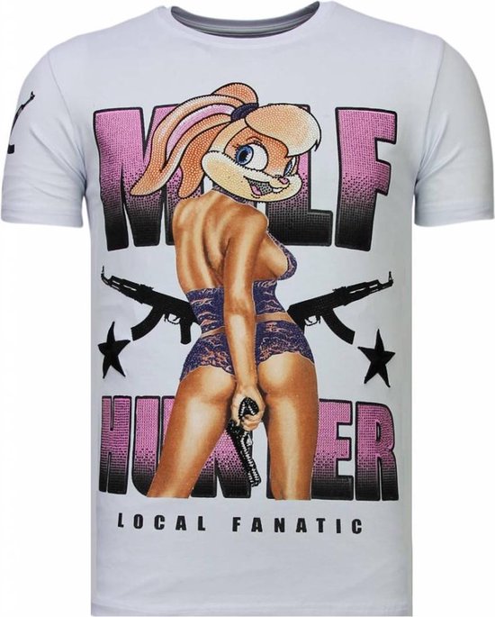 Milf Hunter - Rhinestone T-shirt - Wit