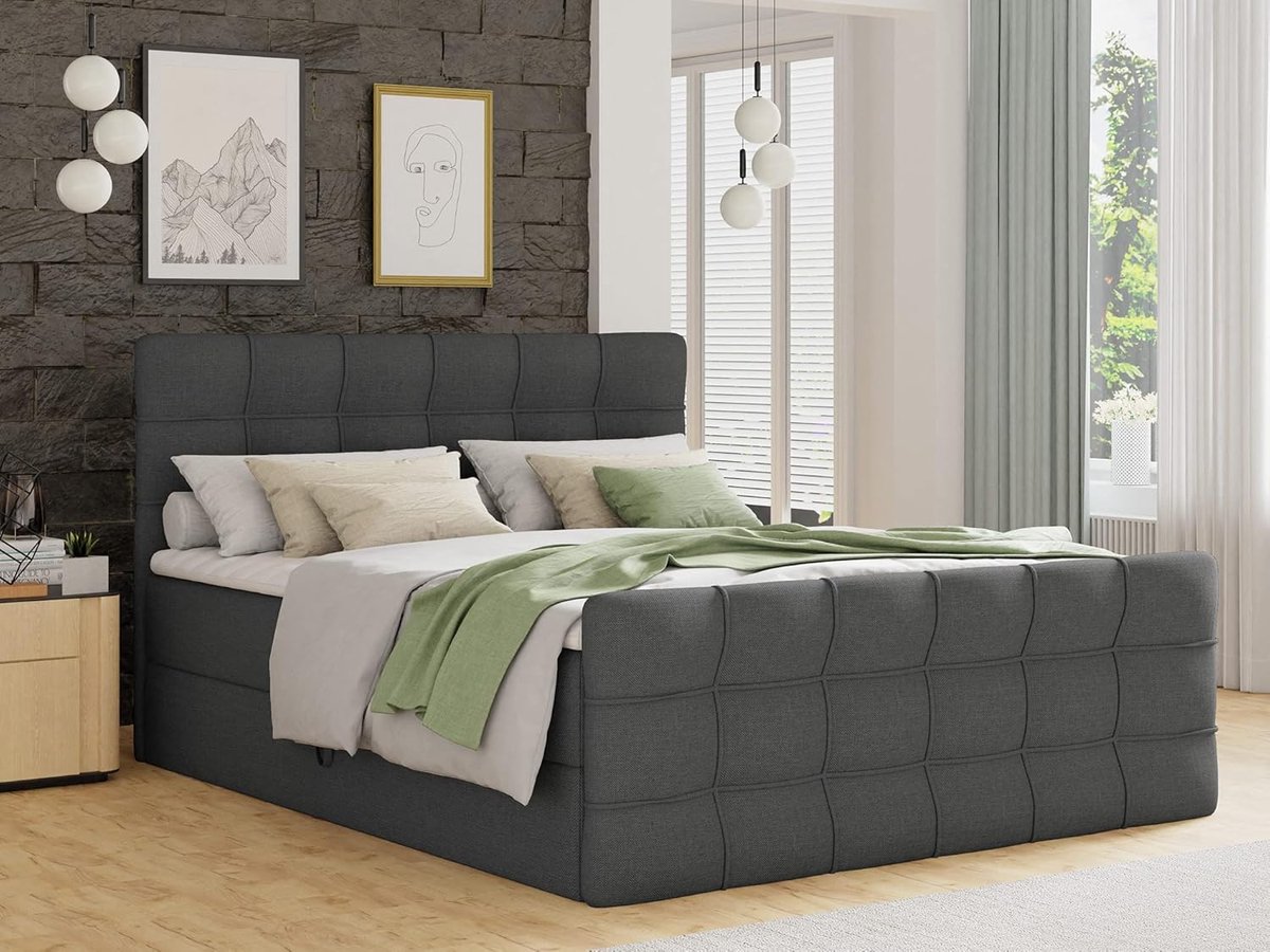Boxspringbed 140x200 met bedlade, Bonell-matras & topper – gestoffeerd tweepersoonsbed met hoofdbord en voetbord – grafiet (Inari 94) – Luxora Storage – Pauwhome