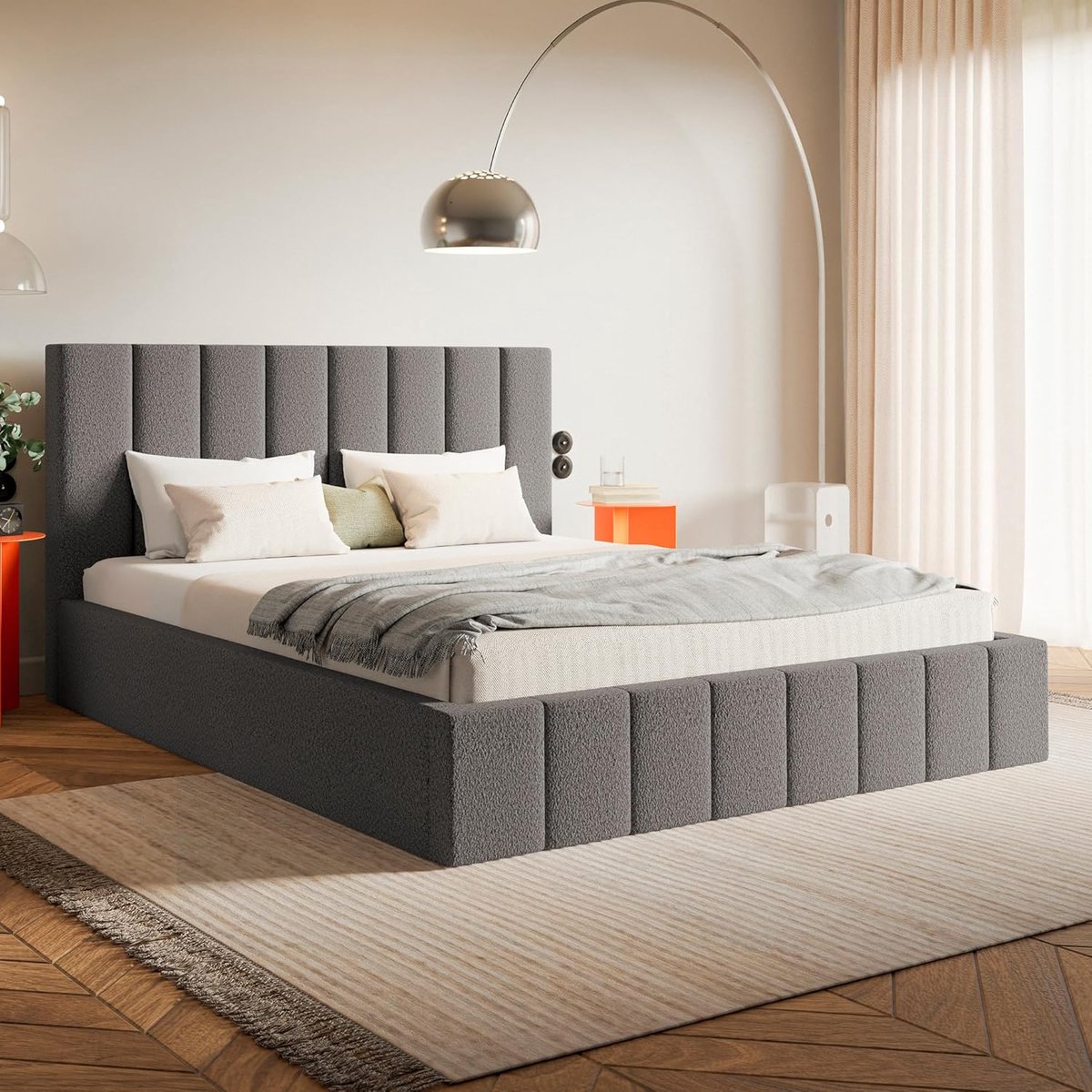 Gestoffeerd Bed 160x200 cm Antraciet met Opbergruimte, Bedlade en Hoofdeinde – Modern Bouclé Bed met Lattenbodem – Pauwhome