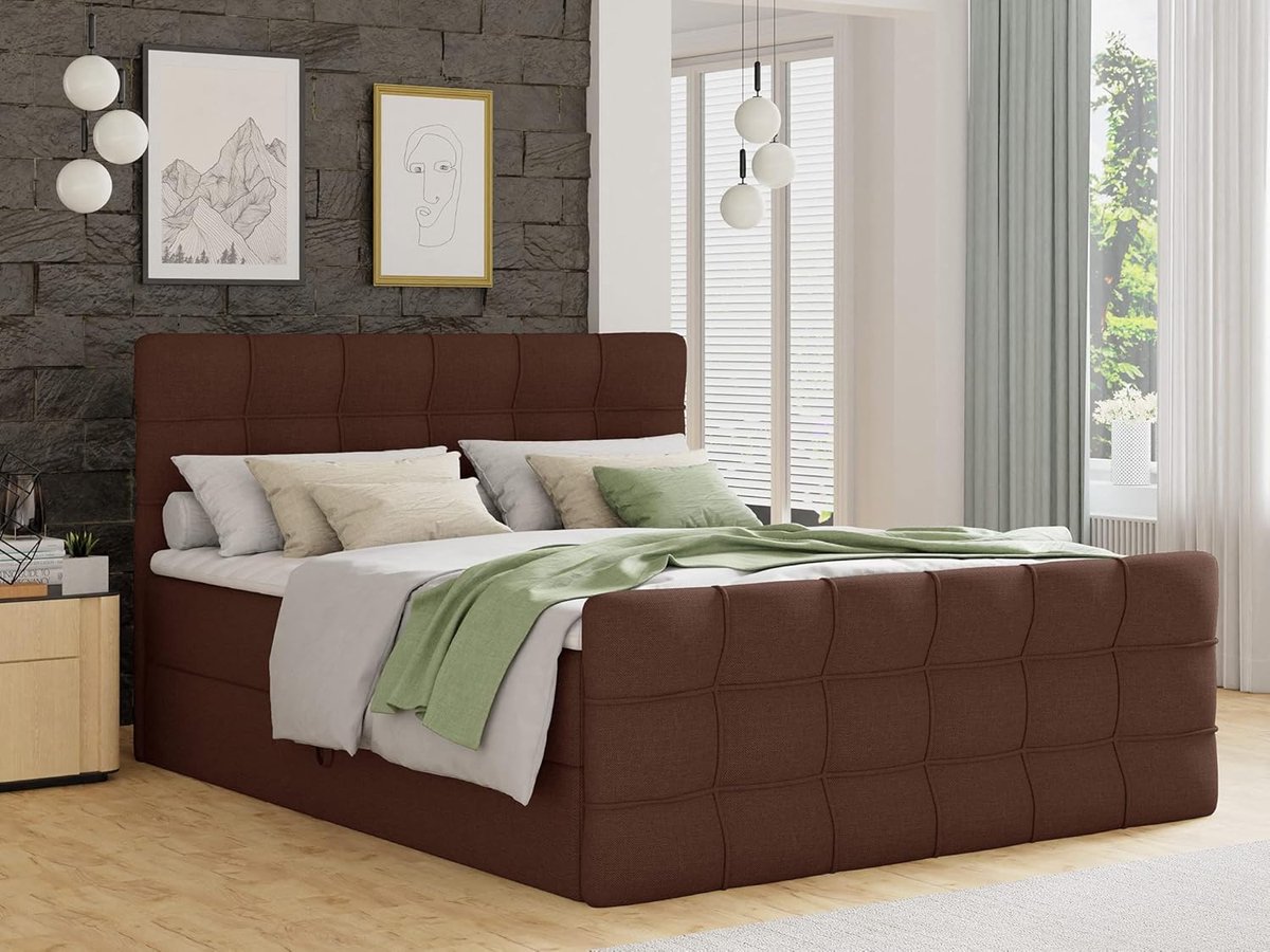 Boxspringbed 140x200 met Opbergruimte en Topper – Luxe Tweepersoonsbed met 2 Bedladen, Bonell Matras, Gestoffeerd Hoofd- en Voetbord – Bruin (Inari 24) – Pauwhome