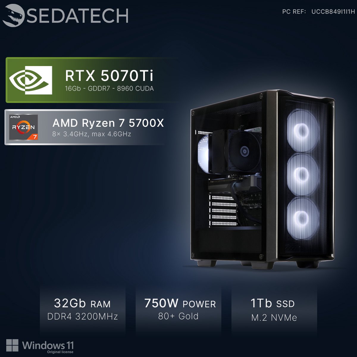 Sedatech Expert Gaming PC Compact • AMD Ryzen 7 5700X 8x 3.4GHz • Geforce RTX 5070 Ti • 32Gb RAM • 1Tb SSD M.2 • WiFi • Windows 11 • Desktop computer thumbnail 3