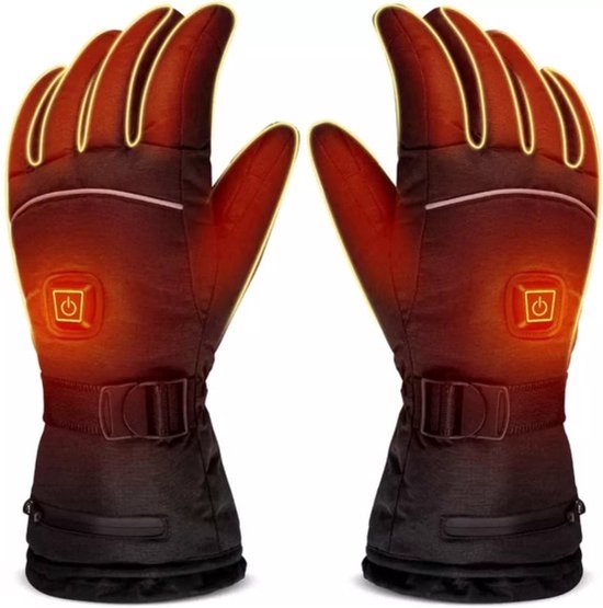 Zwarte, verwarmde handschoenen met gloeiende lijnen en riempje bij de pols.