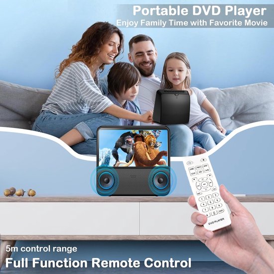Draagbare DVD-speler met Bluetooth - Auto-DVD voor kinderen, 4000 mAh accu, USB/RCA/hoofdtelefoon, timer - Zwart — afbeelding 2