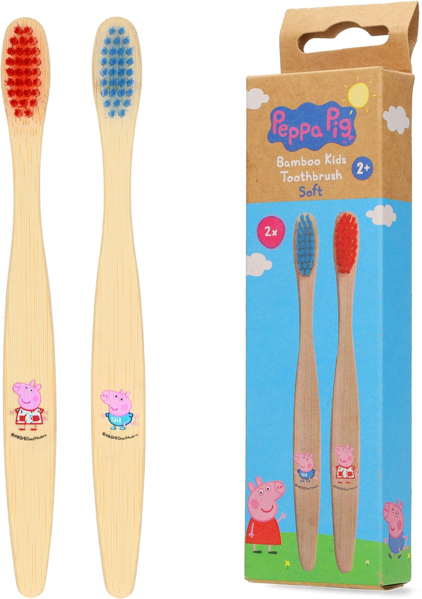 Peppa Pig Tandenborstel van Bamboe 2 Stuks - Tandverzorging voor Peuter en Kind - Peppa Big - Vanaf 3 Jaar - Rood en Blauw