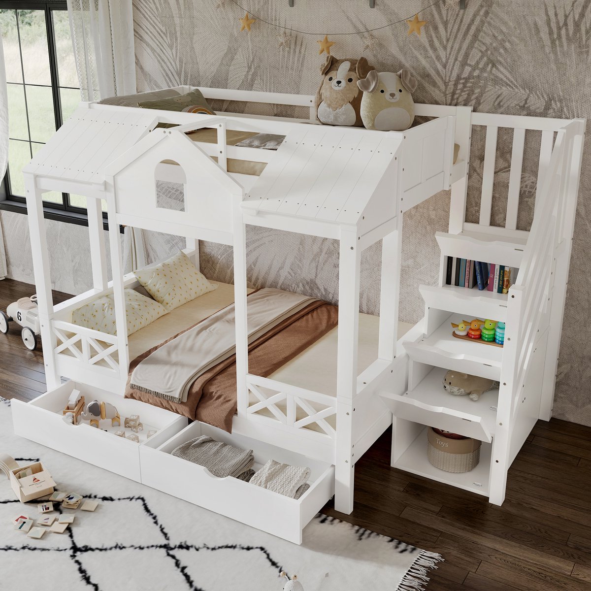 MIVRAY Stapelbed 90x200cm En 140x200cm - Met Opberglades En Trapkast - Speelhuis Met Dak En Ramen - Hout - Wit - Zonder matras