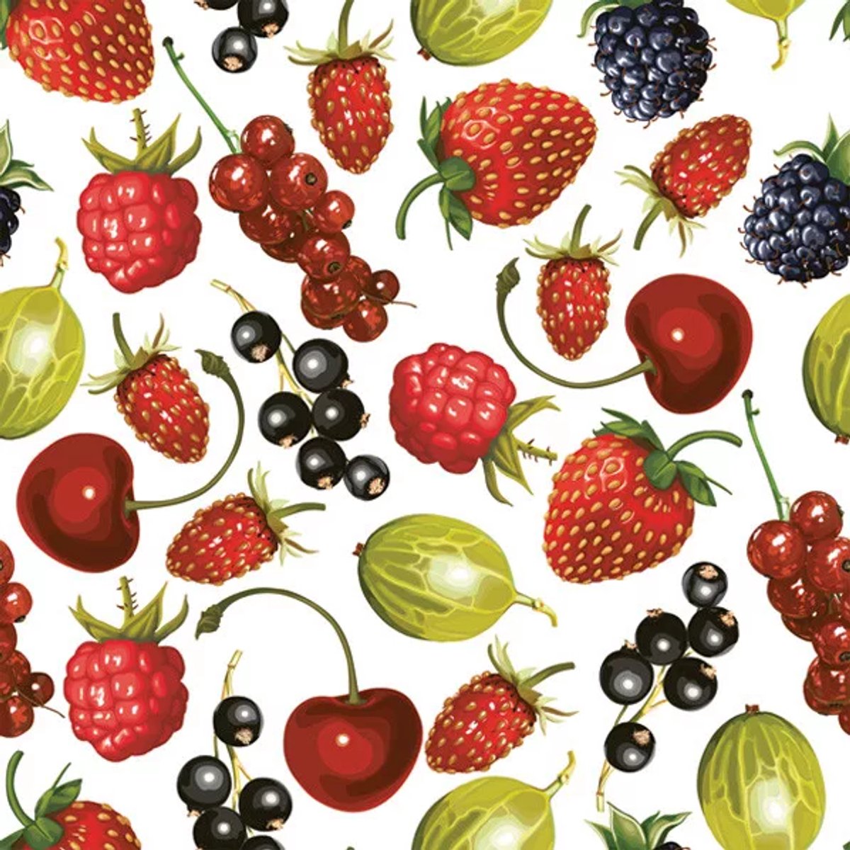 40 Servetten - Zomerfruit - Zwarte Bes - Rode Bes - Aardbei - Kers - Framboos - Braam - Kruisbes - Op een witte achtergrond - Rood - Groen - Blauw - 33 x 33 cm - 3-Laags - Daisy