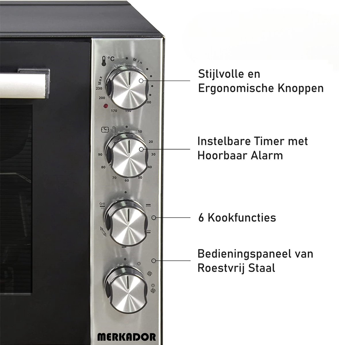 Merkador XXL Vrijstaande Oven - 70 Liter - 2000 Watt - Hetelucht - Draaispit - RVS Afwerking - Gemakkelijk te Reinigen Granieten Binnencoating – foto 2