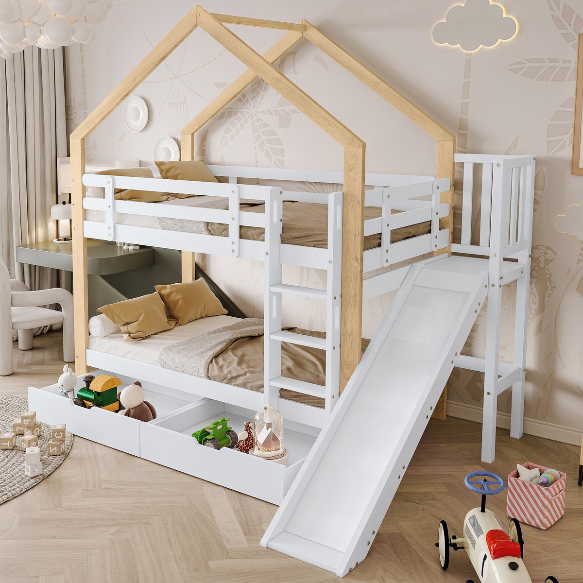 MIVRAY Huis Stapelbed 90x200 cm - Met Glijbaan En Hoektrap - Met Uitvalbeveiliging En 2 Lades - Massief Hout - Wit - Zonder matras