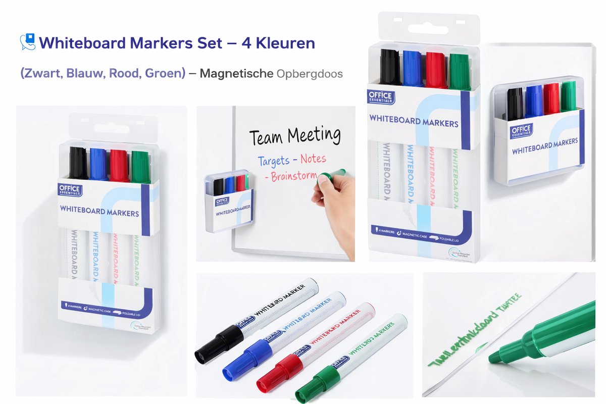 Whiteboard Markers 4-Pack – Magnetische Doos – Voor School, Kantoor & Thuis