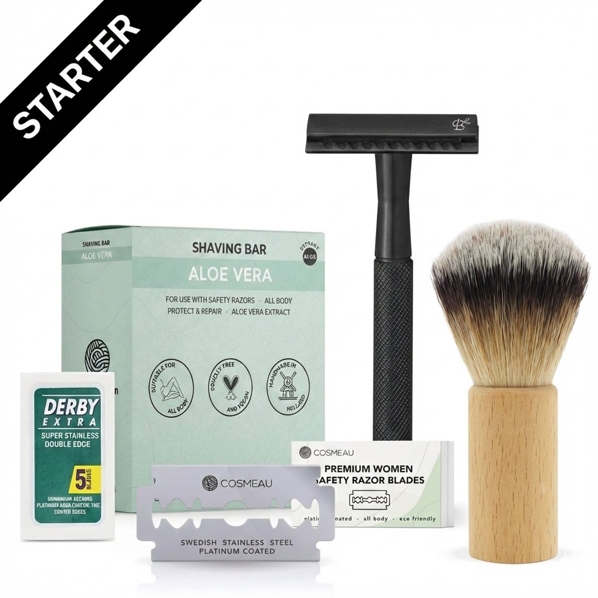 Safety Razor Starterkit Unisex Mannen Vrouwen Mat Zwart - 25 Mesjes - Scheerkwast - Scheerzeep