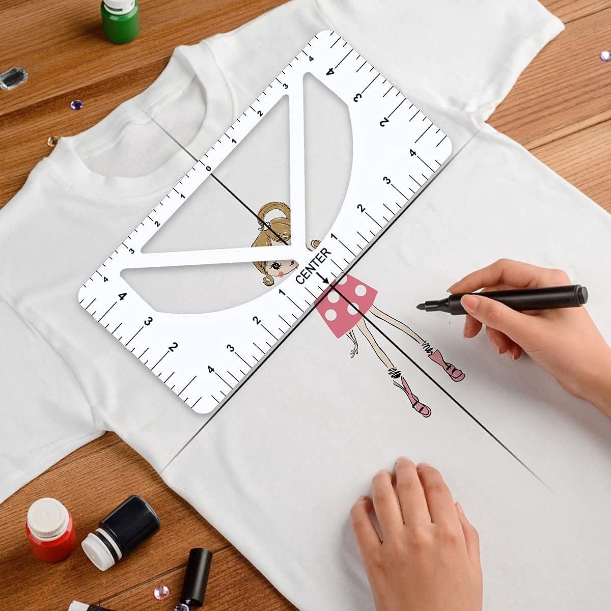 Candala - T-shirt uitlijningsliniaal, knutselliniaal met geleidingsgereedschap voor het ontwerp van het modecentrum, volwassen jonge peuter (ronde hals en V-hals)