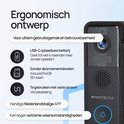 Zwarte deurbel met camera, USB-C batterij, SD-kaart, bedrade stroomoptie en Nederlandse app.