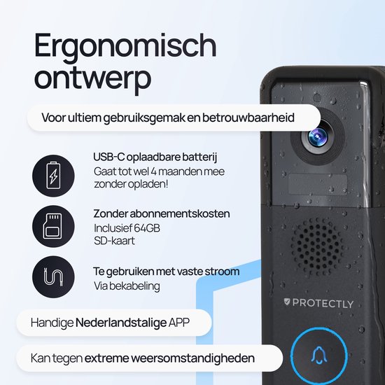Zwarte deurbel met camera, USB-C batterij, SD-kaart, bedrade stroomoptie en Nederlandse app.