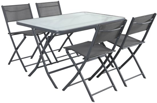 Klapbare tuinset met glazen tafel en vier donkergrijze stoelen van textileen.
