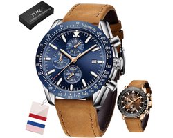 Tyme Florence Heren Horloge - 45mm Blauw/Bruin - Horloges voor Mannen - Polshorloge - Uurwerk - met Cadeauverpakking