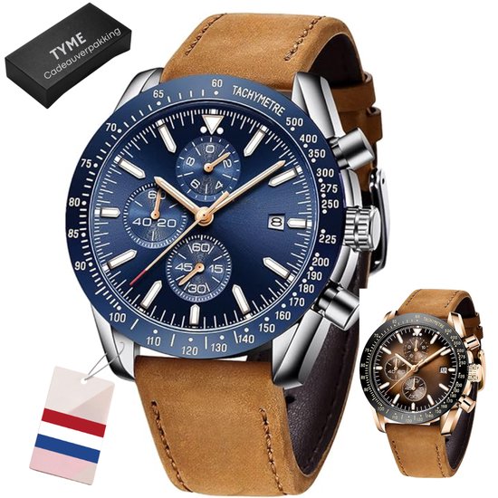 Montre pour homme Tyme Florence - 45 mm Blauw/marron - Montres pour homme - Montre-bracelet - avec emballage cadeau