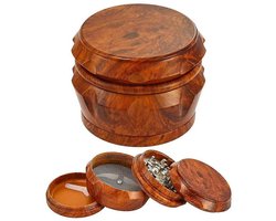 Houten vierlaagse koffiemolen met grote capaciteit en pollenschraper, geschikt voor de thuiskeuken.