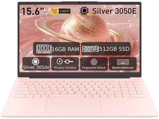 Laptop 15,6 inch, 16 GB DDR4, 512 GB SSD, Dual-Core 3050E (tot 2,80 GHz), notebook met vingerafdruksensor, verlicht toetsenbord, dubbele luidsprekers, HDMI, laptop voor studenten en kantoor