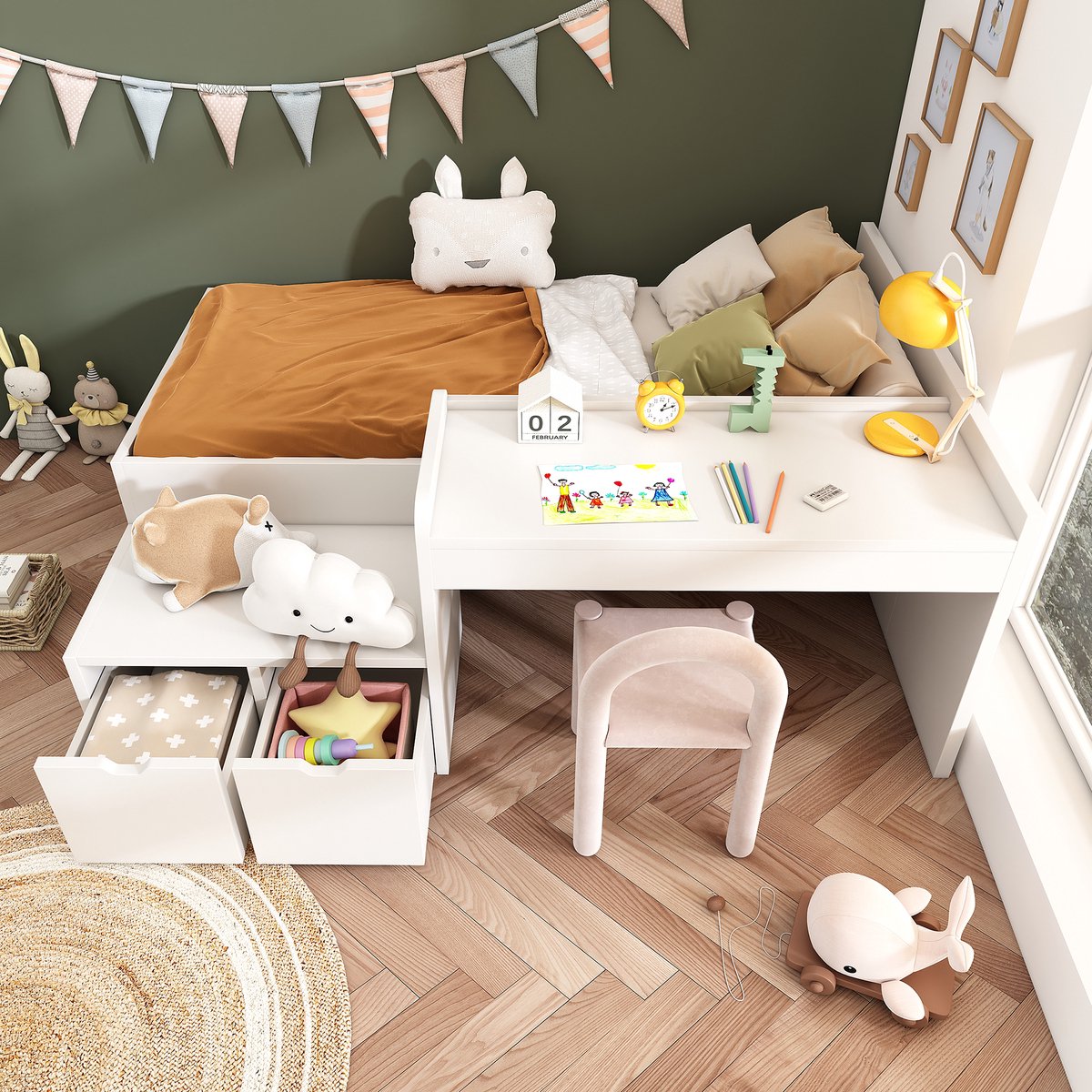 REDOM Kinderbed – 90x200 cm – Met bureau & 2 lades – Massief hout & MDF – Wit