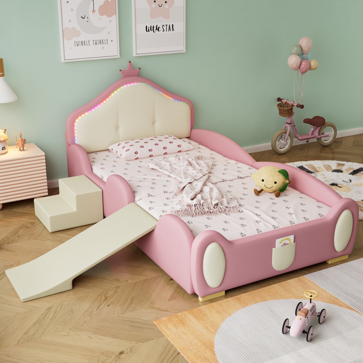 REDOM Kinderbed 90x200 cm van PU – Met glijbaan en trap – LED-verlichting – Kroon-cartoonlook – Roze/Beige