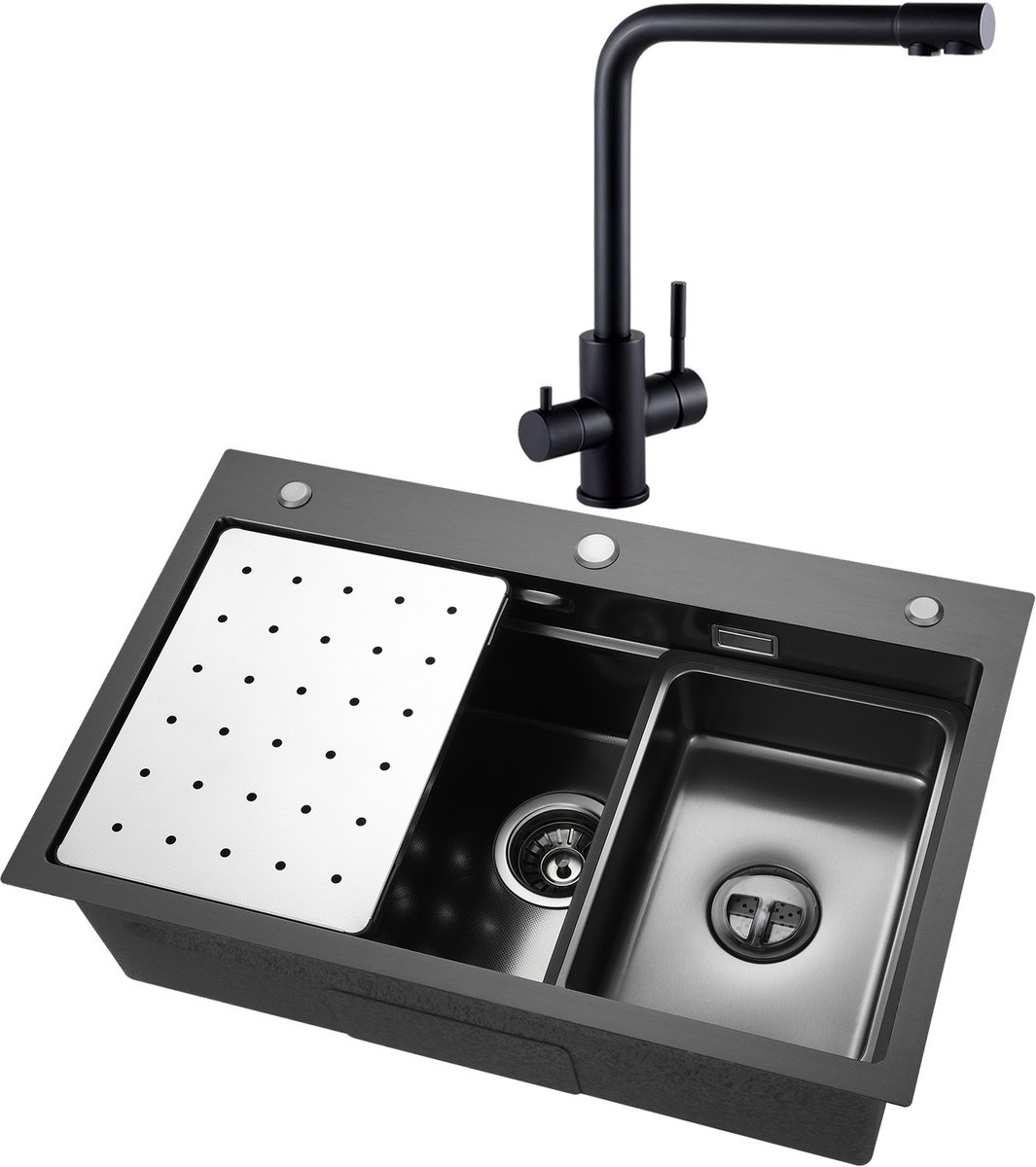 CECIPA Max Spoelbak Antraciet 70x45CM - Spoelbak Keuken Met 3 Wege Keukenkraan - Multifunc