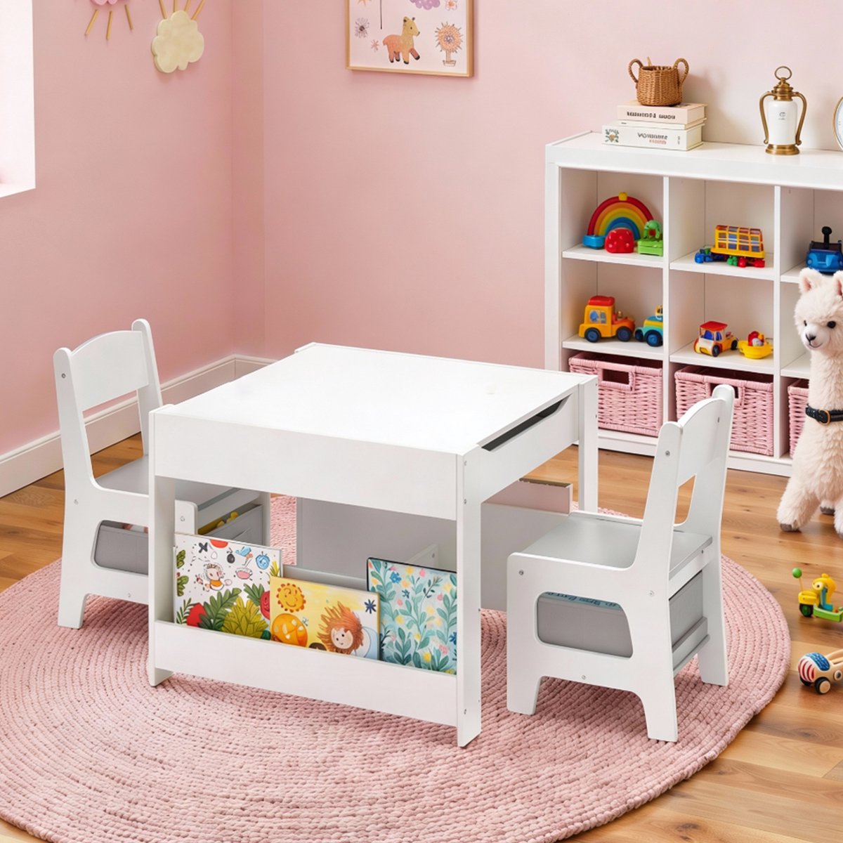 Bealife TB91 Kindertafeltje en Stoeltjes - 3-in-1 Kinder Tafel & Stoelenset - Speeltafel met Opbergruimte en Schoolbord/Whiteboard - Kinder Tekentafel - Set 3 t/m 7 Jaar - Wit