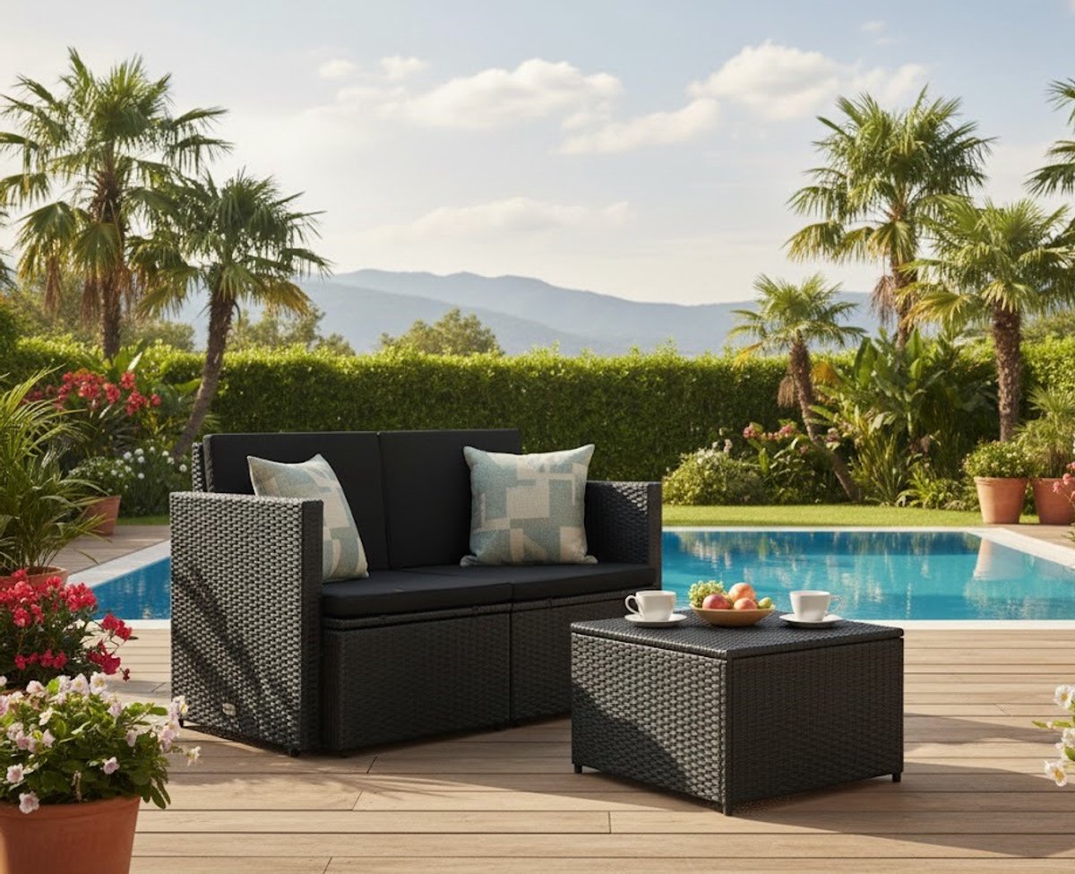 Luxe 2-Zits Tuinbank van Poly Rattan met Comfortabele Kussens – Buitenbank voor Tuin, Balkon of Terras – Zwart, Waterbestendig en Weerbestendig Loungebankje House&Garden