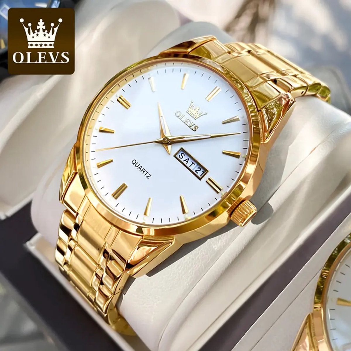 Olevs basic goudkl edelstaal quartz horloge, witte wijzerplaat, dagnaam, kalenderdag