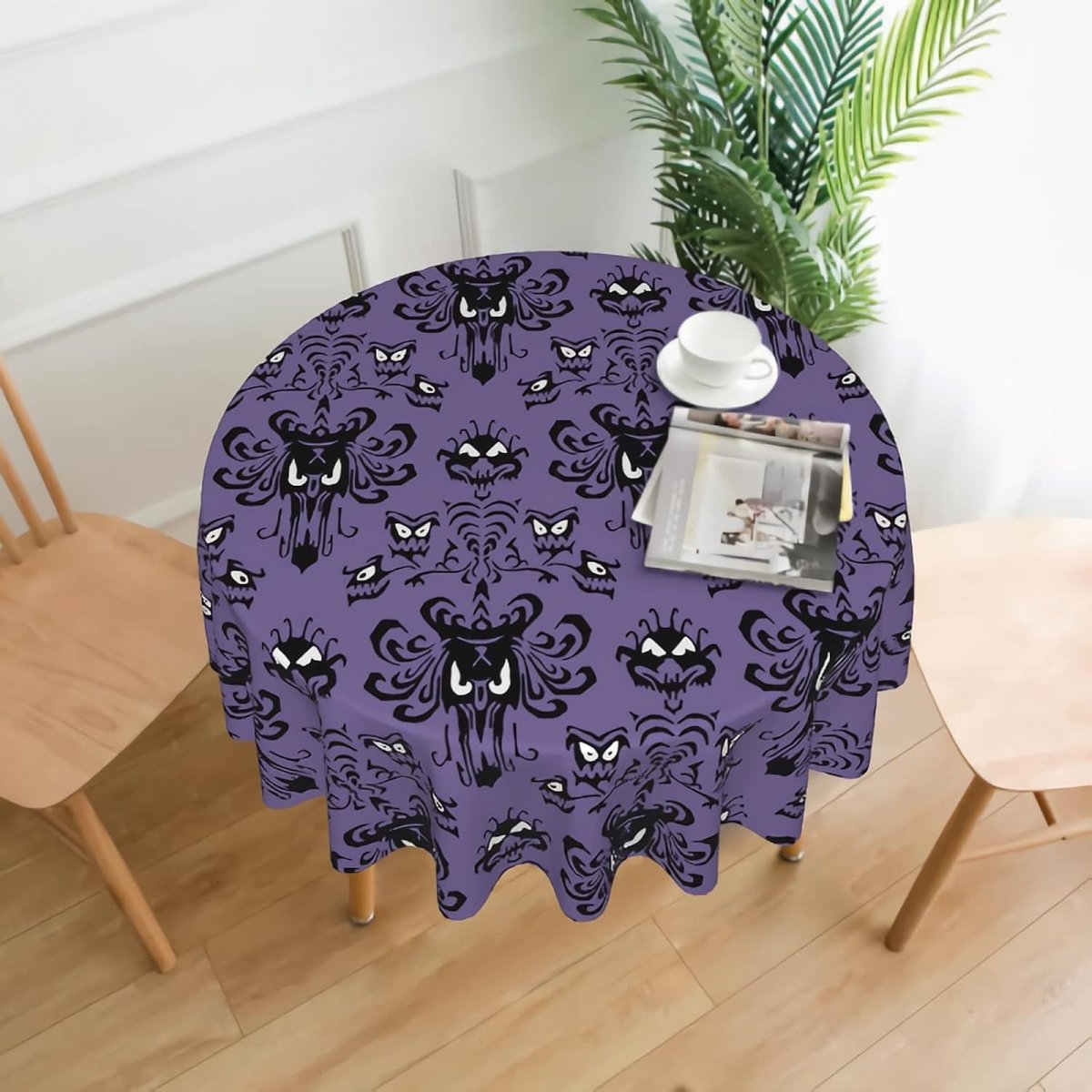 Rond Halloween Tafelkleed Paars met Spookhuis Print 150 cm - Decoratief en Vlekbestendig