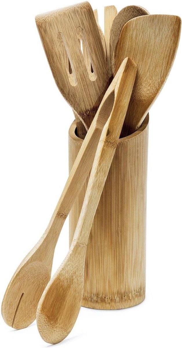 7-Delige Bamboe Keukengerei Set Met Houder – Kooklepels - Spatels & Tang - 30 Cm - Naturel