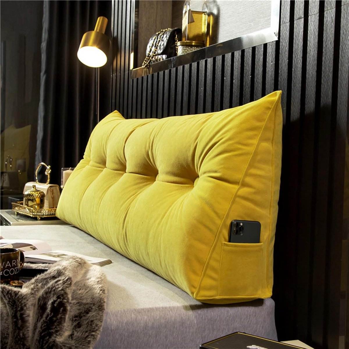 Groot Hoofdkussen Driehoek Rugleuning Kussen voor Bed en Sofa - Comfortabele Zijsteun met Afneembare Hoes - 150x50x20cm - Geel