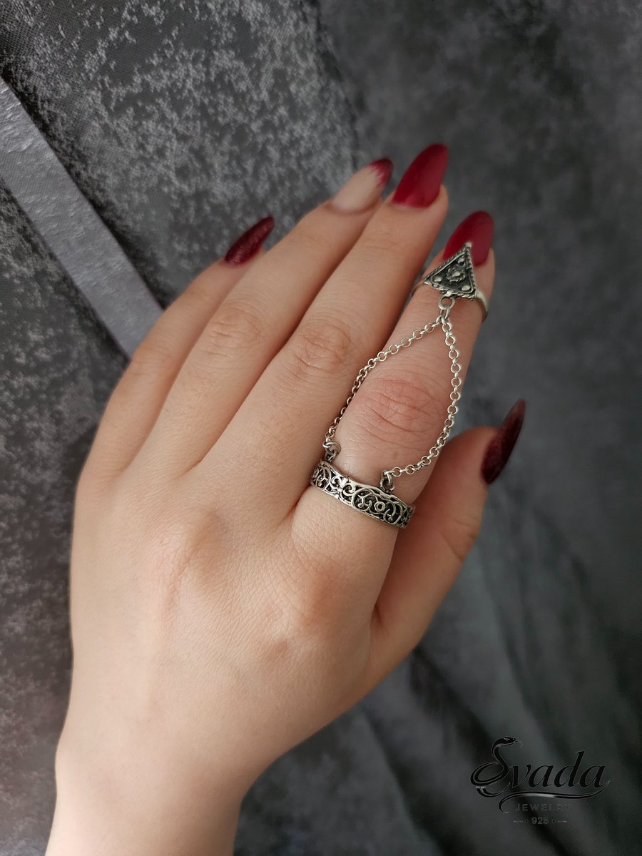 Handgemaakte 925 Sterling Zilveren Verstelbare Ringenset met Ketting – Trigonaal Design – Vintage Stijl