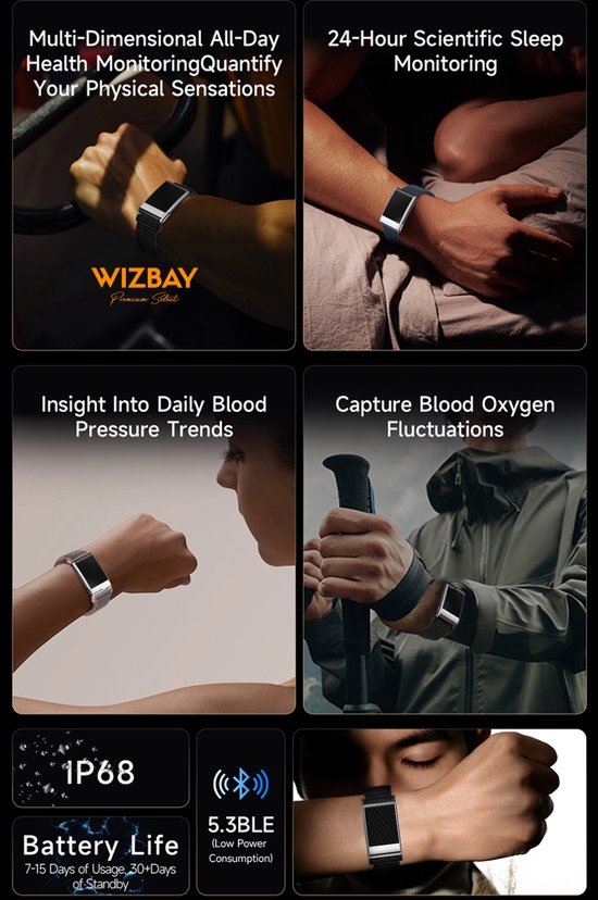 Collage van handen met het WizBay fitness tracker, met focus op gezondheidsmonitoring.