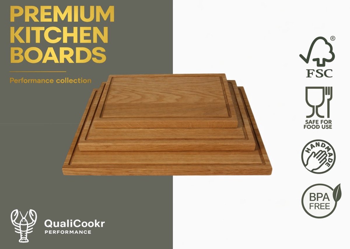 QualiCookr | Eiken Serveerboard Set (3pcs) (Excl. Houder)| Borrelplank | Kaasplank | Tapasplank | Serveerplank | Hapjesplank | Snijplank