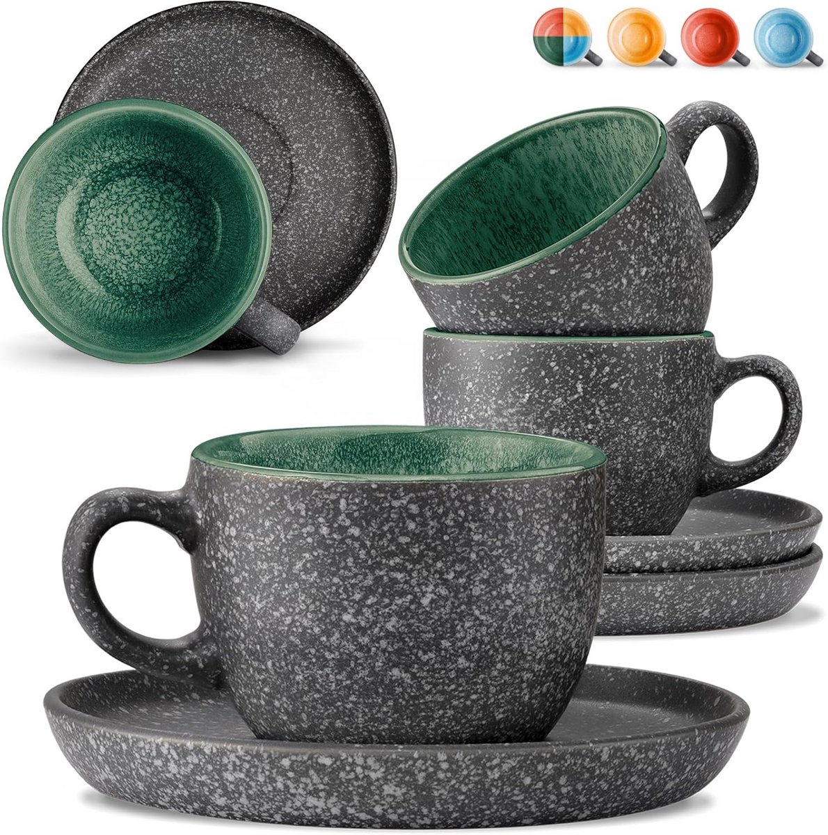 Set van 4 Keramische Espressokopjes met Schotels - Hittebestendig Steengoed - 90 ml