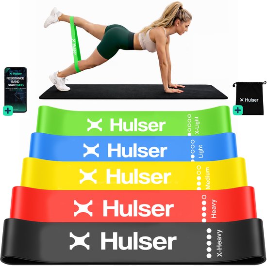 Hulser Mini resistance band set 5-delig - 2 tot 18 kg - 30 cm - Met digitale startgids - Mulitcolor - Weerstandsband - Fitness booty band - Stretch elastiek - Bands - Power band weerstandselastiek