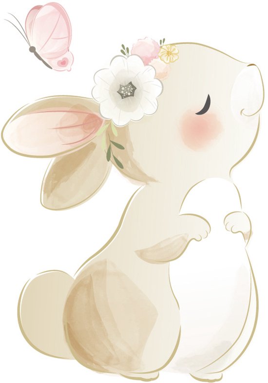 Un lapin beige avec des fleurs dans ses cheveux et un papillon à proximité, avec des accents blancs et roses.