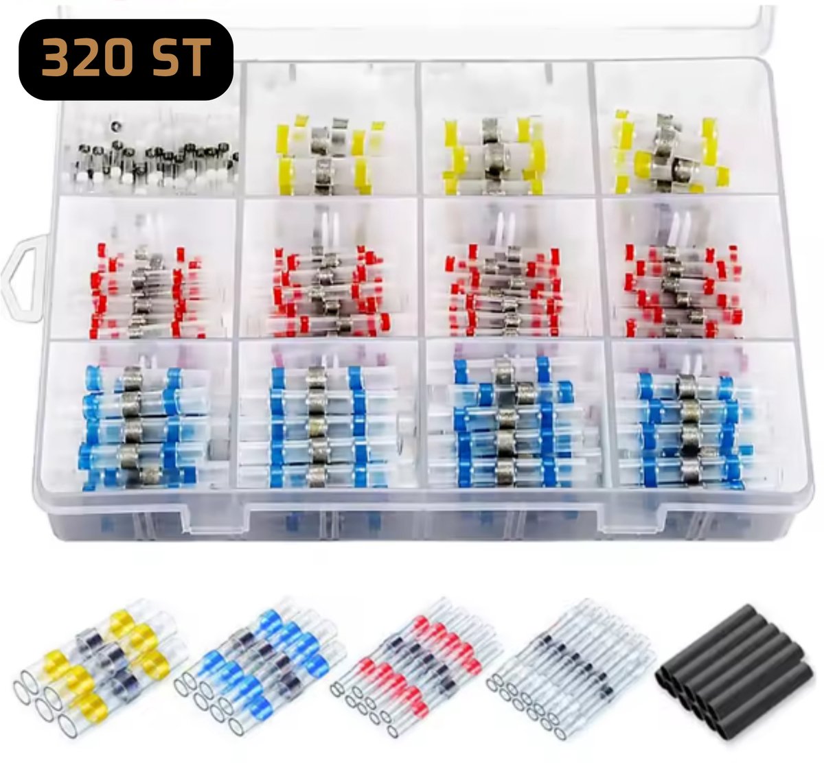 320 stuks Doos Soldeerhulzen Waterdicht - Krimpkous - Lage Temperatuur - Kabelbinders - Kabelschoen - Soldeer - Kleurcode - Soldeerhuls - Kabelhuls - Set - Draad Connector - Box - Krimphuls - Heat Schrink - Soldeersok - Tin - Soldeertin -Kabelschoen