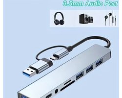 8-in-1 Hub, USB & Type-C Poorten, Multifunctioneel Dockingstation met USB 3.0 + USB-C + SD/TF + 3.5mm Audio, Ondersteunt Soepele Multi-Port Samenwerking voor Video- en Audio-uitvoer op Telefoons, Tablets en Computers