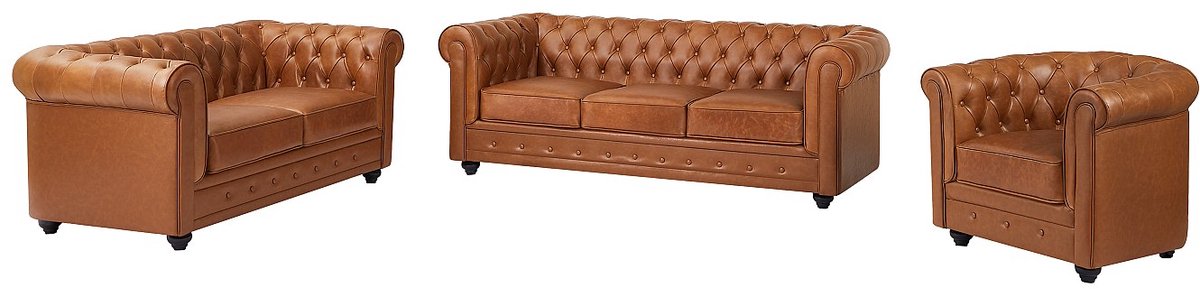 Vente-unique Driezitsbank, tweezitsbank en fauteuil van camelkleurig vaarsleer CHESTERFIELD