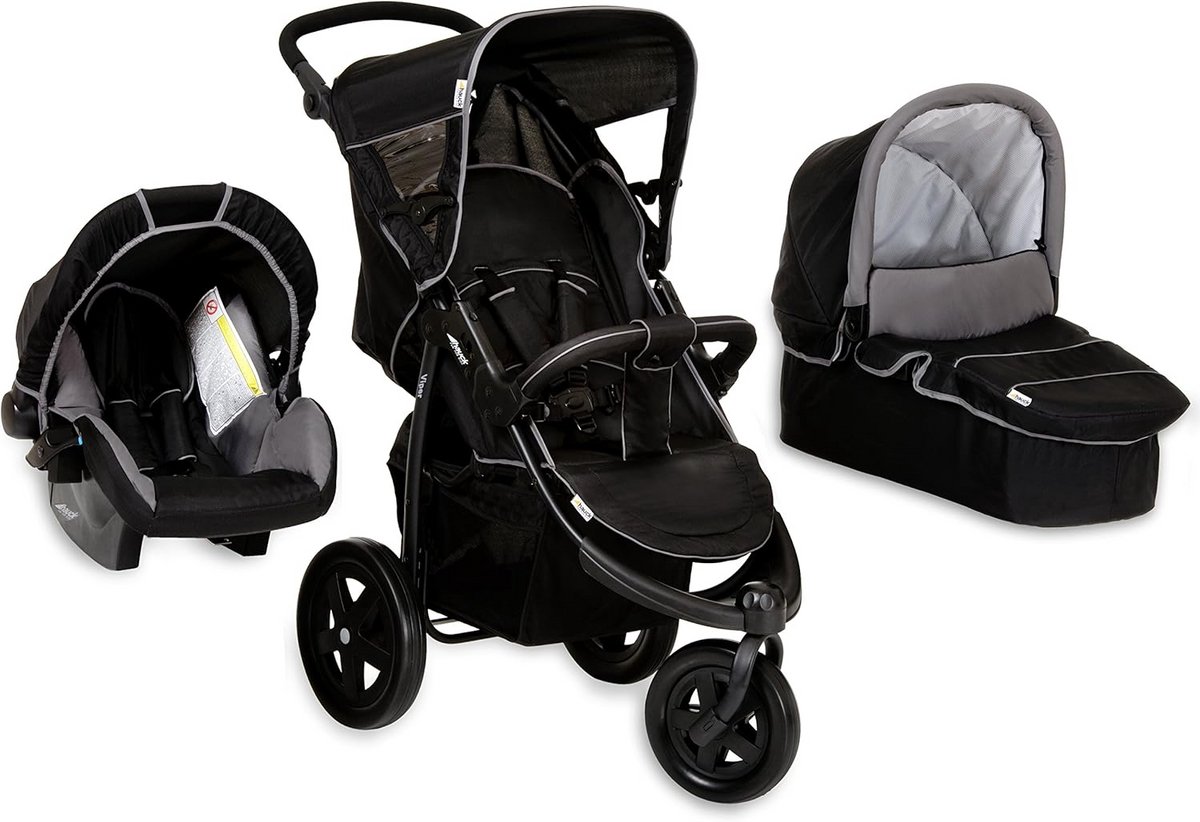 3-in-1 Kinderwagen Set - Reiswieg, Zitje en Autostoel - Caviar/Grijs