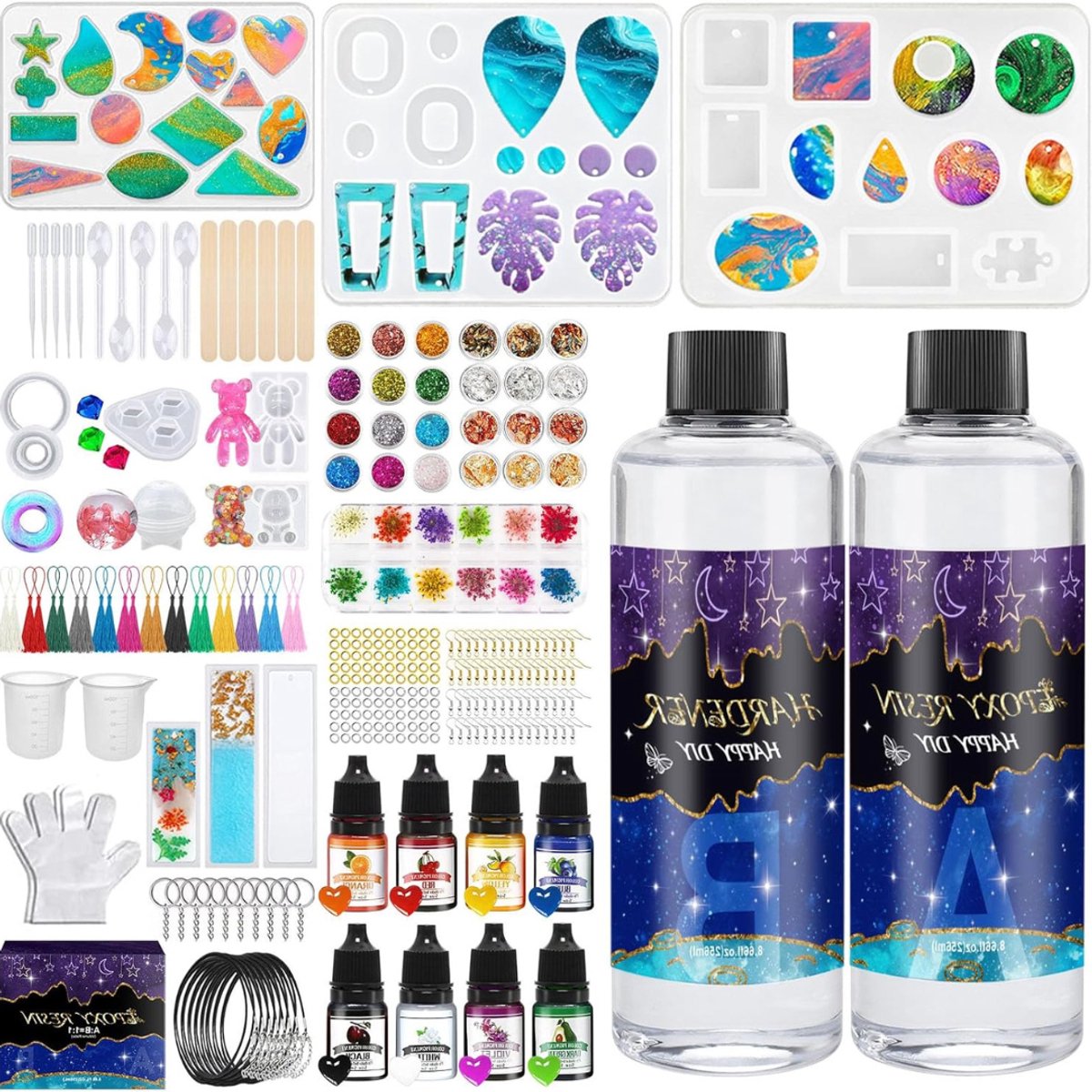 Quvo® Epoxy Starterspakket - Zelf Sieraden Maken Set – Resin Starterskit Inclusief Giethars – Compleet Pakket voor: Sieraden, Ketting, Oorbellen, Armband, Ring, Sleutelhanger - Transparant / Doorzichtig - 22cm x 18cm x 11 cm