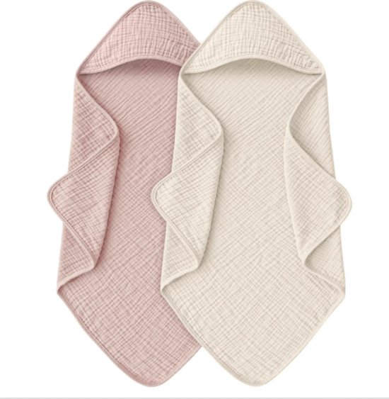 Badcape | Beige&Roze | Set van 2 | Zachte hydrofiel | Katoen | Wikkeldeken | Doek | Capuchon | Baby | Kind | Kraamcadeau