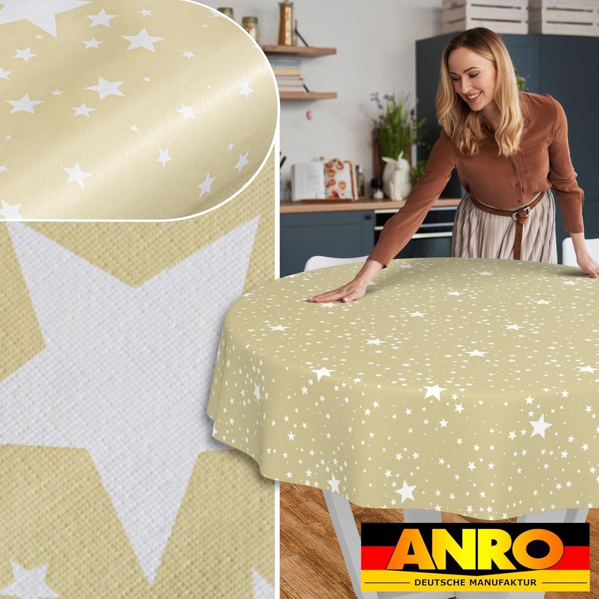 Rond Tafelkleed Waterafstotend Afwasbaar Ronde Tafelmat 140 cm Beige Sterrenprint