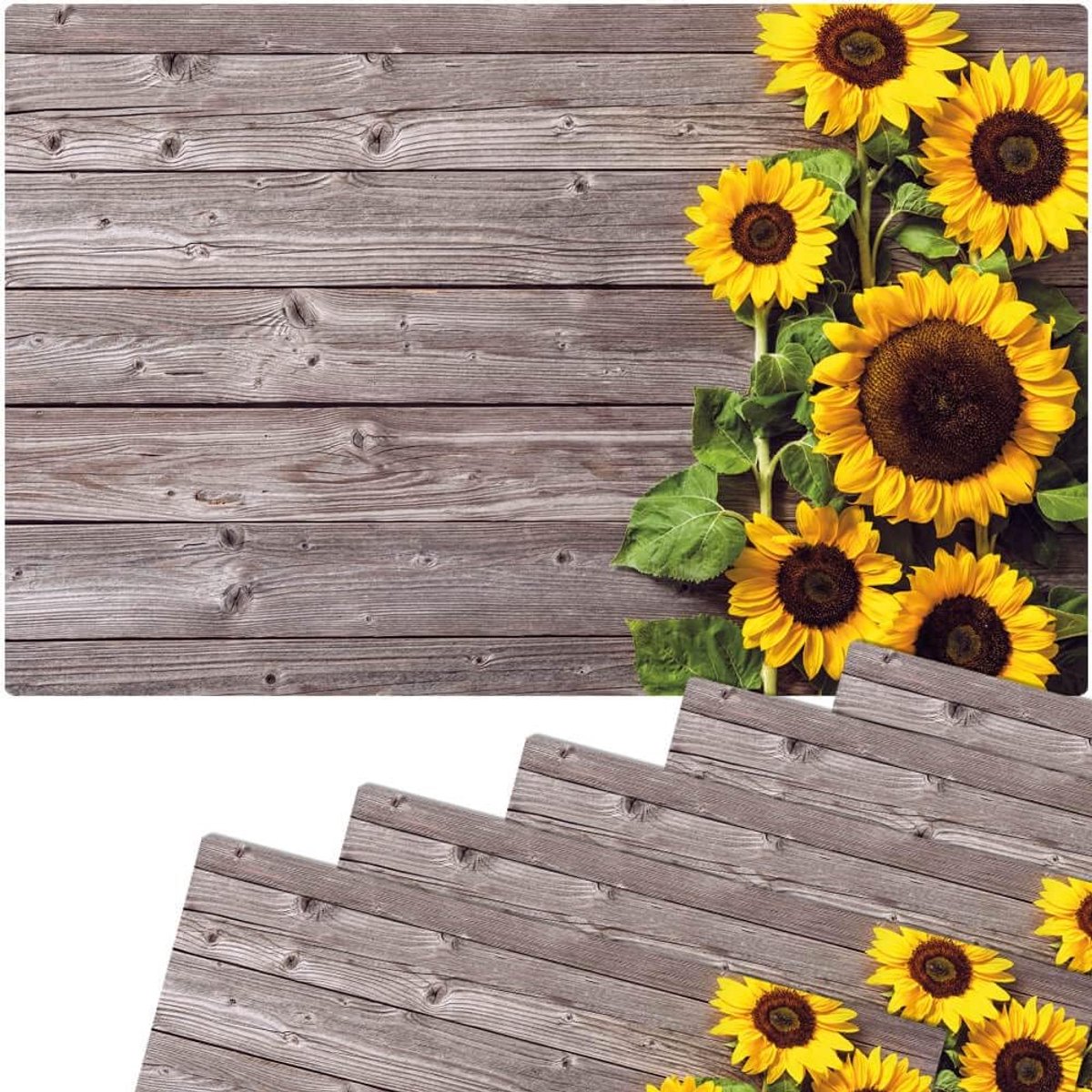 Set van 6 placemats met zonnebloemen op houten plank design, kleurrijk en afwasbaar